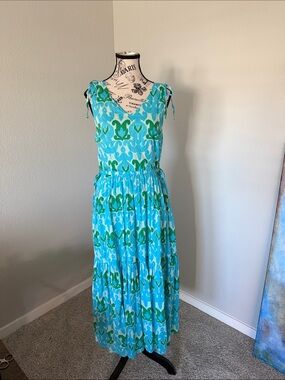 Talbots Aqua and Emerald Floral Maxi Dress with Tie Shoulders
